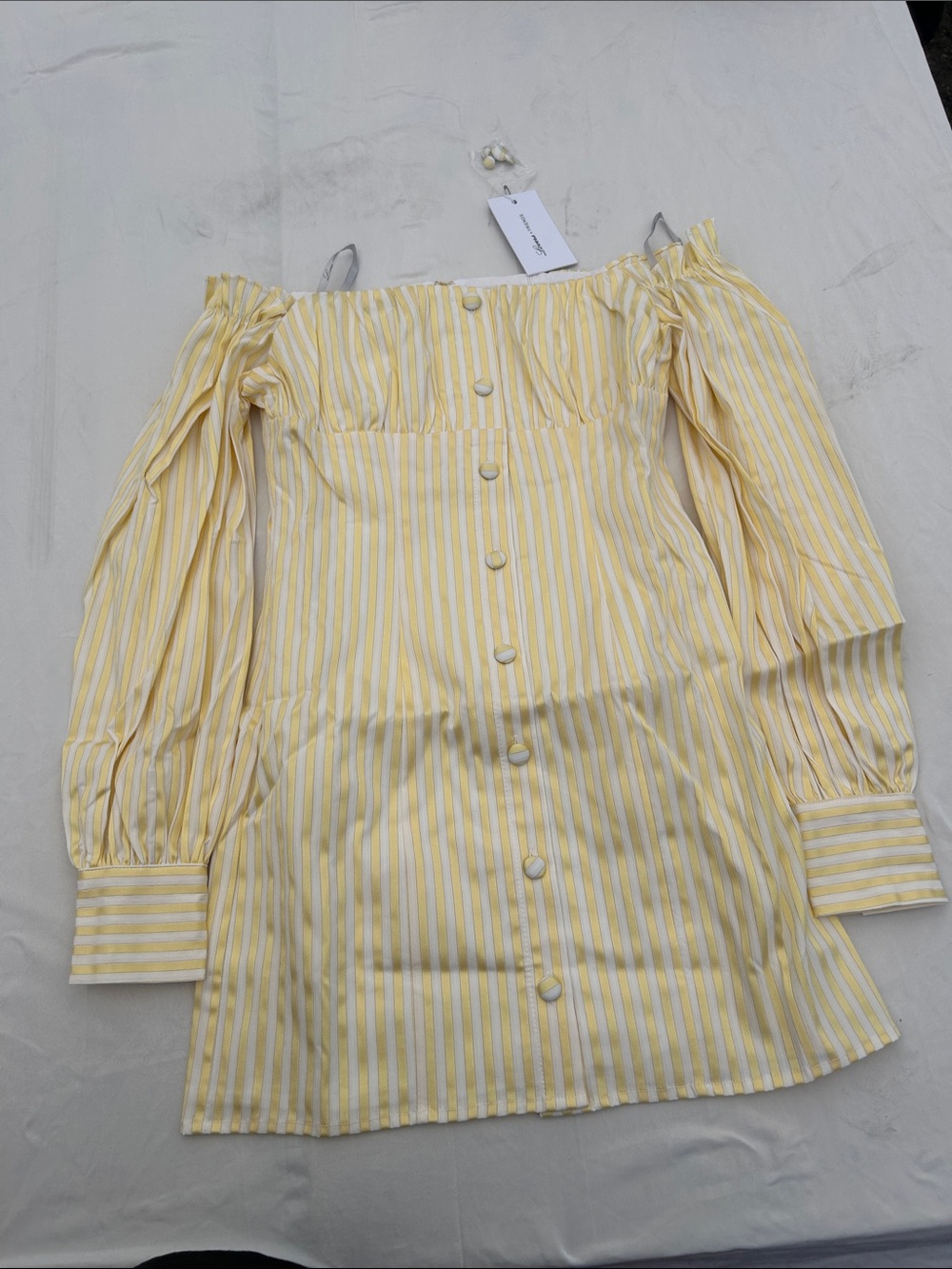 Lovers + Friends Yellow and White Striped Off-Shoulder Button Front Tunic